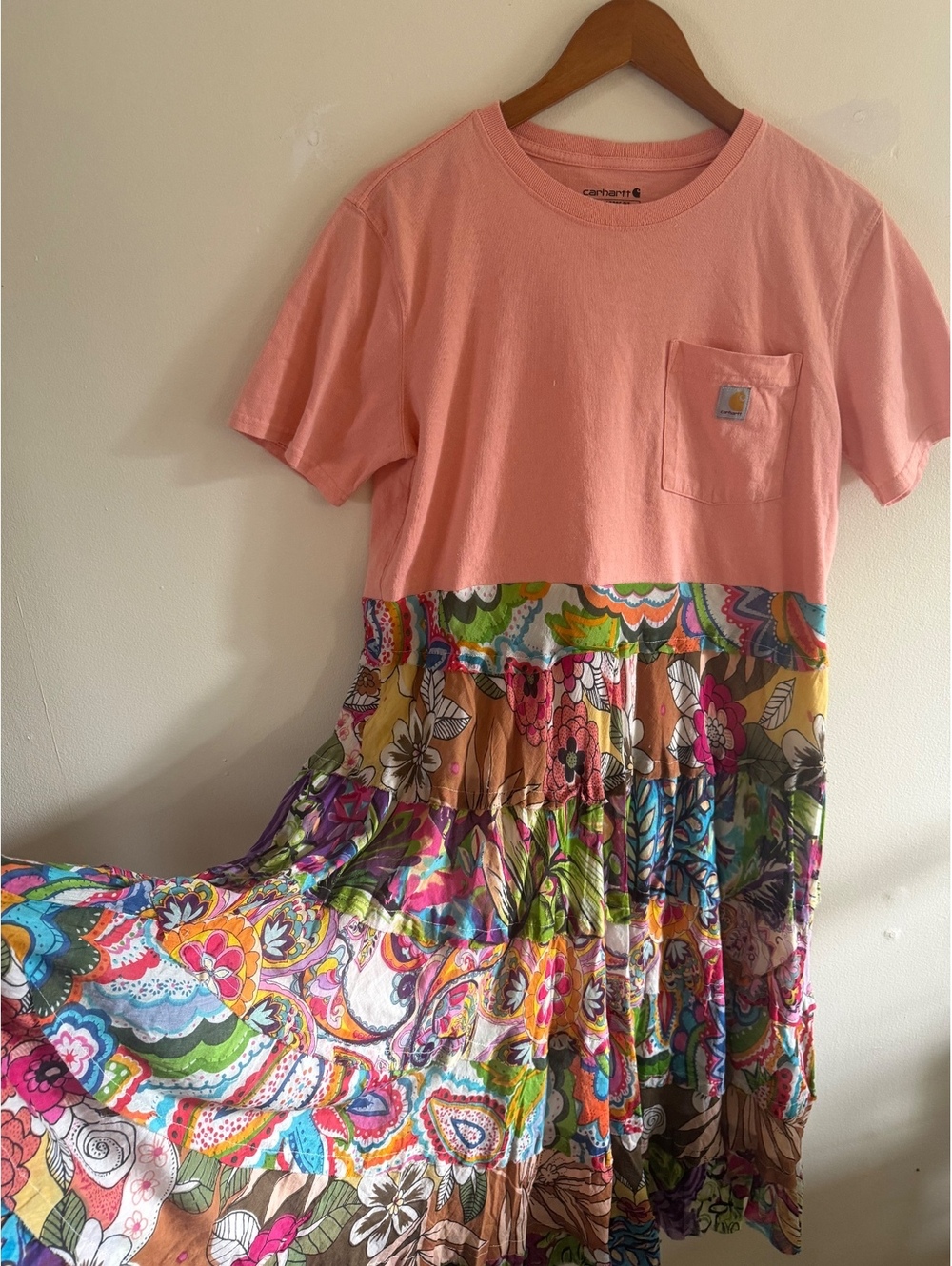 Upcycled Carhartt Pocket Tee Shirt Dress Cotton Floral Dopamine size medium